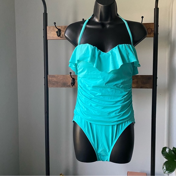 Bleu by Rod Beattie Shirred Ruffle Bandeau Mio One-Piece Swimsuit Wave Runner 8 - Picture 2 of 7